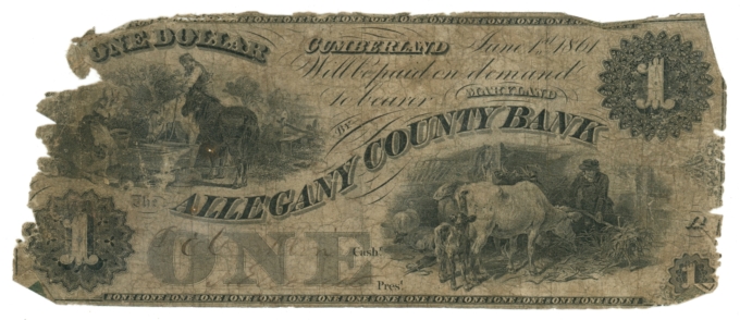 1861 Allegany County Bank Cumberland Maryland MD $1 Obsolete Note (65038)