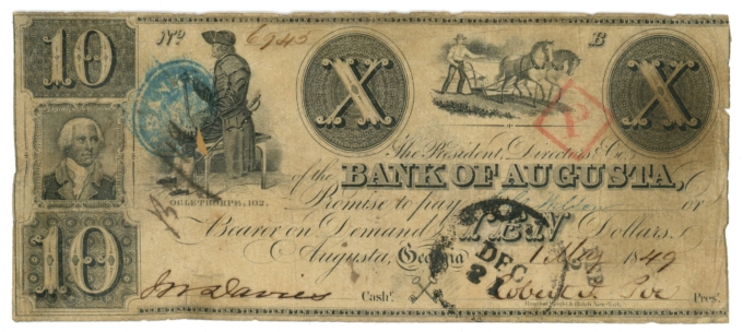 1849 Bank of Augusta Georgia GA $10 Obsolete Note No.6945 (65040)