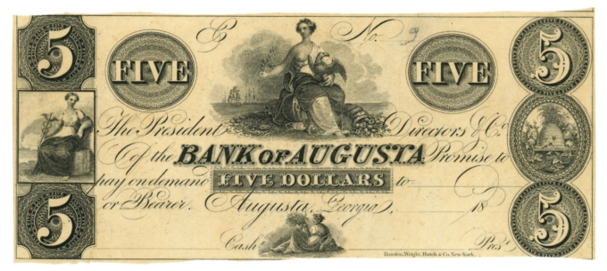 18XX Bank of Augusta Georgia GA $5 Obsolete Note - Remainder (65039)