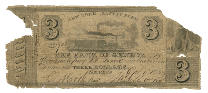 1838 Bank of Geneva New York NY $3 Obsolete Note (65041)