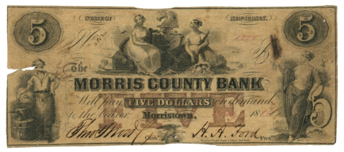 1856 Morris County Bank Morristown New Jersey NJ $5 Obsolete Note CTFT (65042)