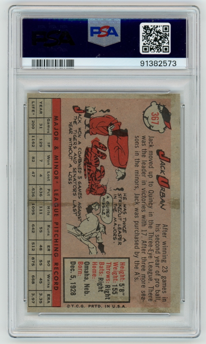 1958 Topps #367 Jack Urban Kansas City Athletics Card PSA 5 EX (64818)