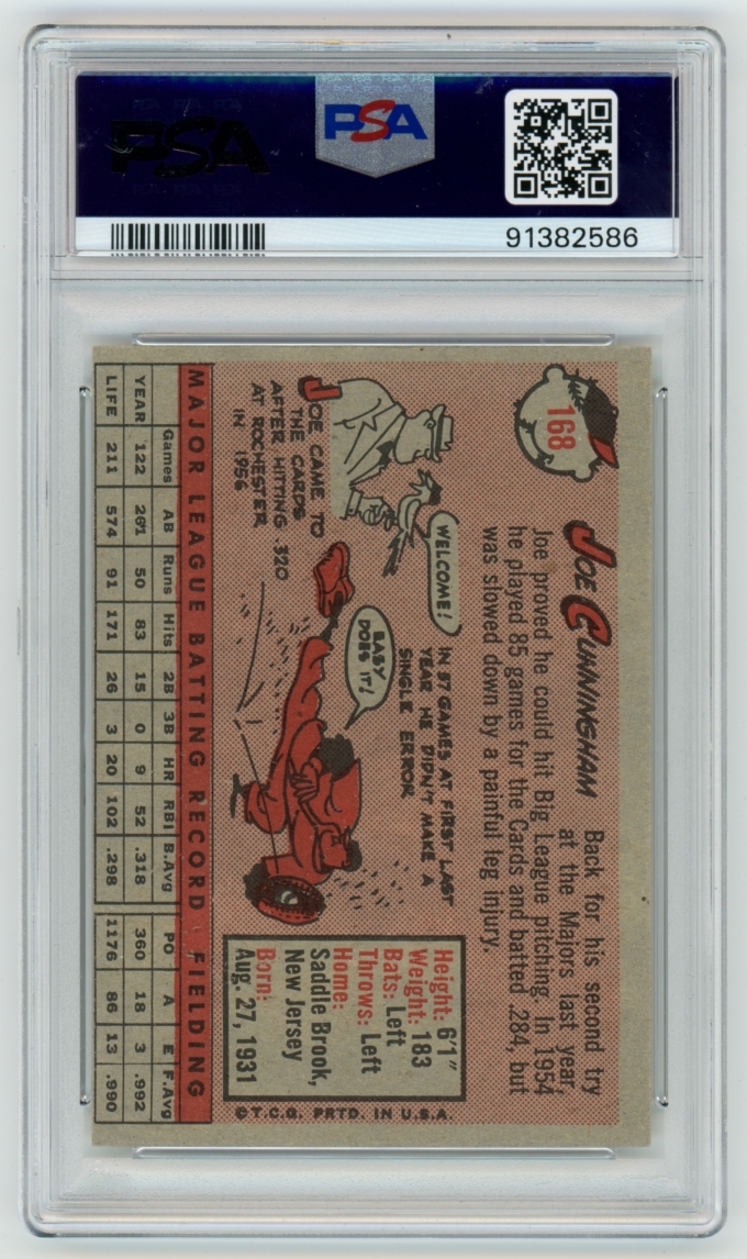 1958 Topps #168 Joe Cunningham St. Louis Cardinals Card PSA 6 EX-MT (64820)