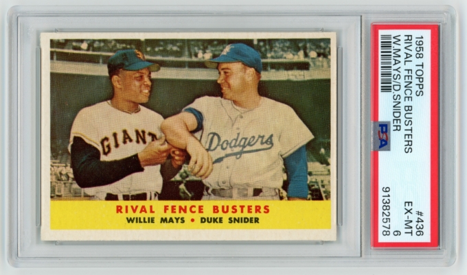1958 Topps #436 Rival Fence Busters Willie Mays Duke Snider PSA 6 EX-MT (64822)