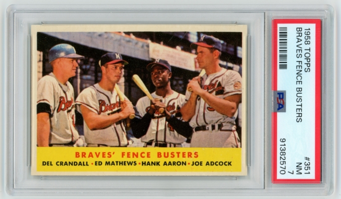 1958 Topps #351 Braves Fence Busters - Crandall/Mathews/Aaron/Adcock - PSA 7 NM