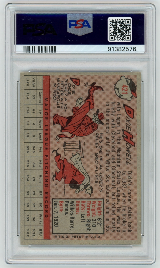1958 Topps #421 Dixie Howell Chicago White Sox Card PSA 8 NM-MT (64829)