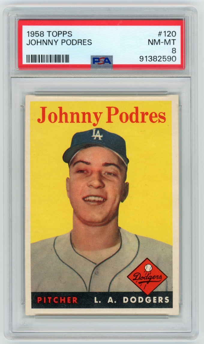 1958 Topps #120 Johnny Podres LA Dodgers Card PSA 8 NM-MT (64830)