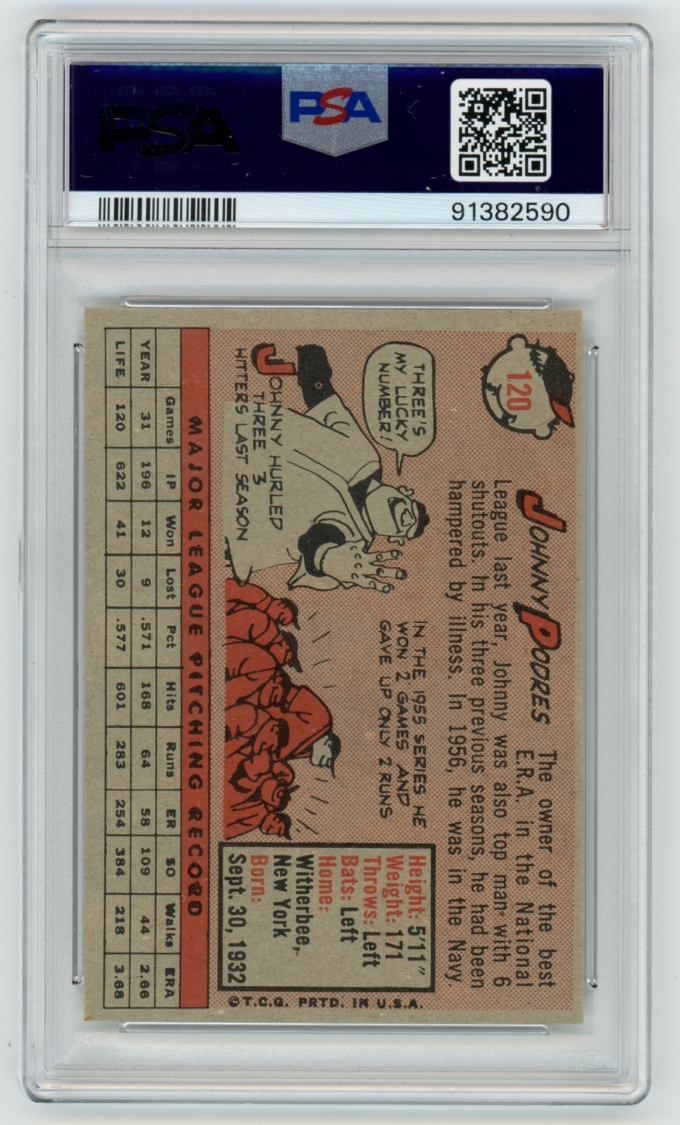 1958 Topps #120 Johnny Podres LA Dodgers Card PSA 8 NM-MT (64830)