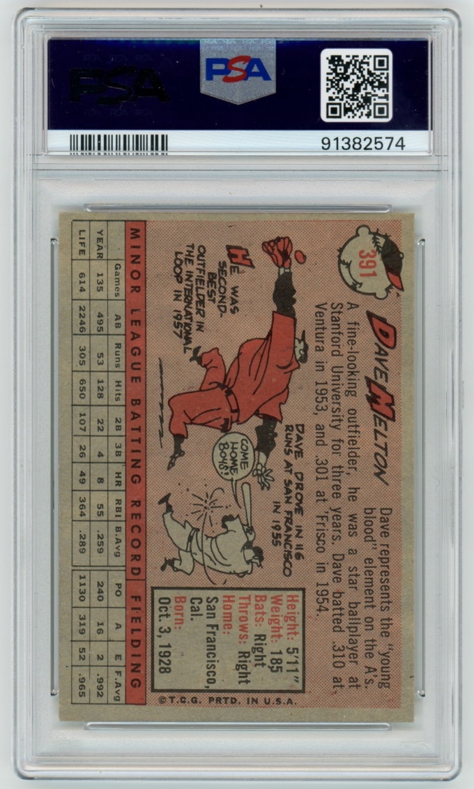 1958 Topps #391 Dave Melton Kansas City Athletics Card PSA 8 NM-MT (64832)