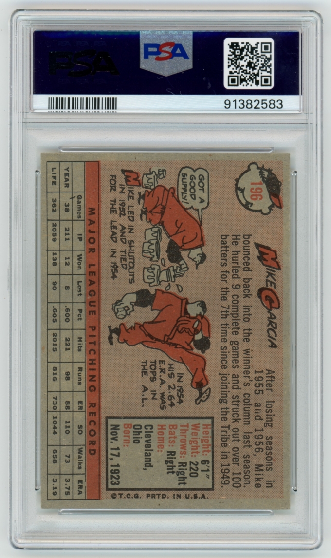1958 Topps #196 Mike Garcia Cleveland Indians Card PSA 8 NM-MT (64834)