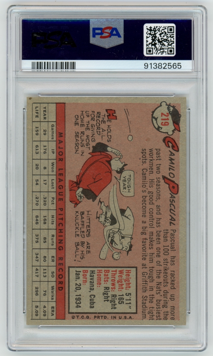 1958 Topps #219 Camilo Pascual Washington Senators Card PSA 8 NM-MT (64837)