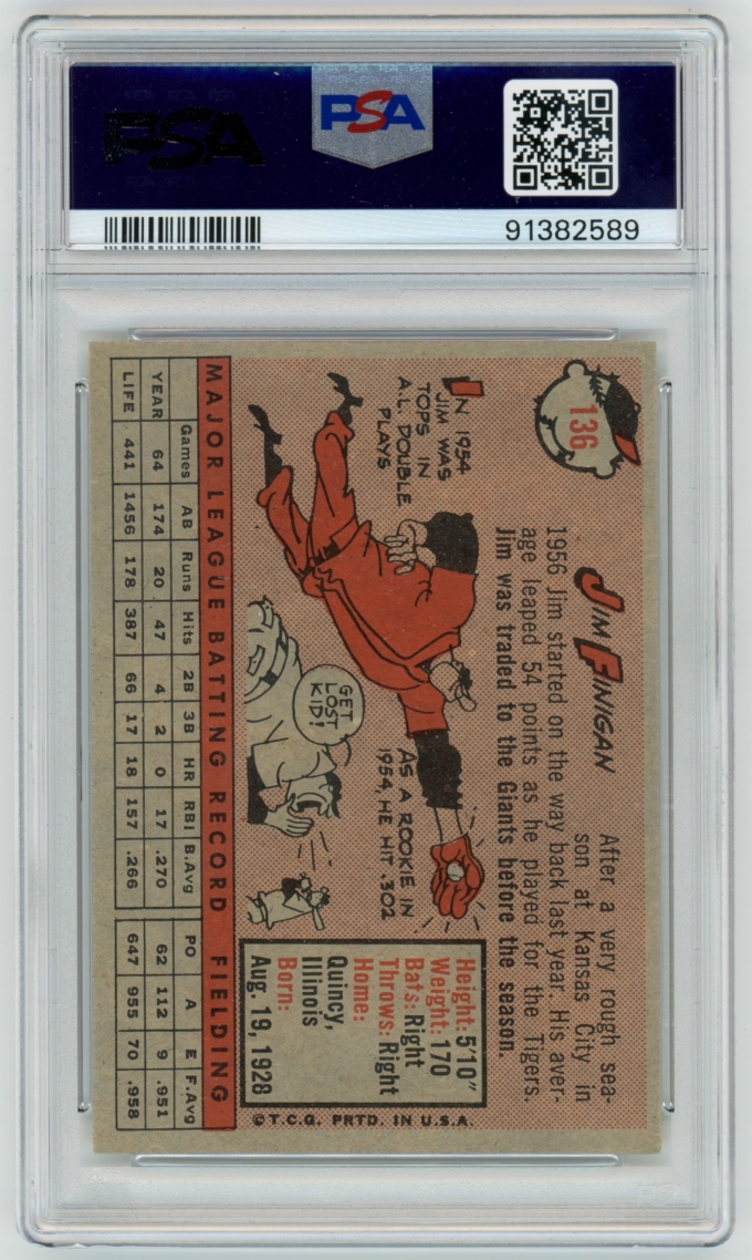 1958 Topps #136 Jim Finigan San Francisco Giants Card PSA 8 NM-MT (64838)