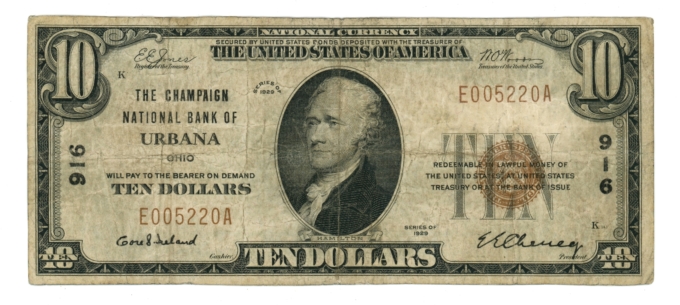 1929 Type 1 Champaign National Bank of Urbana Ohio OH $10 NBN Ch#916 (64885)