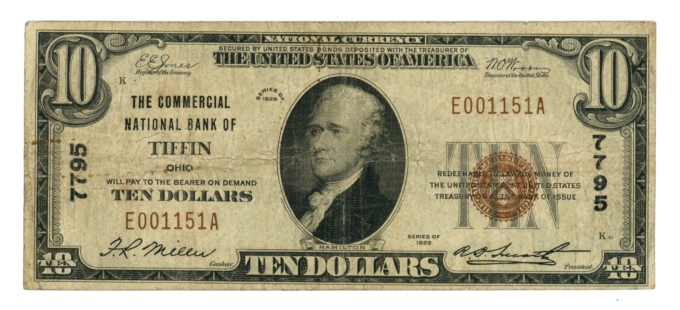 1929 Type 1 Commercial National Bank of Tiffin Ohio OH $10 NBN Ch#7795 (64884)