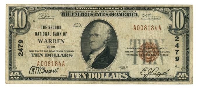 1929 Type 1 Second National Bank of Warren Ohio OH $10 NBN Ch#2479 (64887)