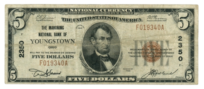 1929 Type 1 Mahoning National Bank of Youngstown Ohio OH $5 NBN Ch#2350 (64886)