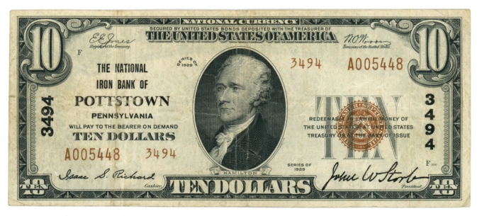 1929 Type 2 National Iron Bank of Pottstown Pennsylvania $10 NBN Ch#3494 64889