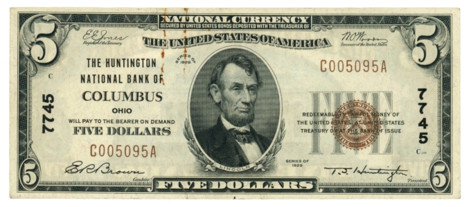 1929 Type 1 Huntington National Bank of Columbus Ohio OH $5 NBN Ch#7745 (64888)