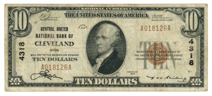 1929 Type 1 Central United National Bank of Cleveland Ohio $10 NBN Ch#4318 64891