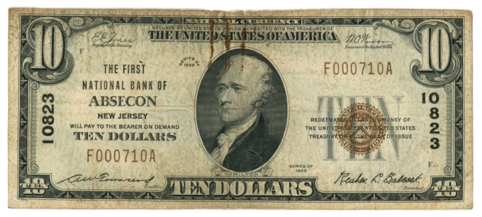 1929 Type 1 First National Bank of Absecon New Jersey NJ $10 NBN Ch#10823 64893