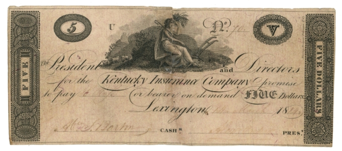 1819 Kentucky Insurance Company Lexington KY $5 Obsolete Hughes Plate Note 64897