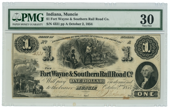 1854 Fort Wayne & Southern Railroad Co Muncie Indiana IN $1 Note PMG 30 (64901)