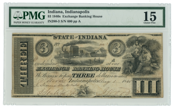 1840 Exchange Banking House Indianapolis Indiana IN $3 Obsolete PMG 15 (64902)