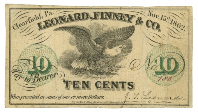 1862 Leonard Finney & Co Clearfield Pennsylvania PA 10c Obsolete Scrip (64904)