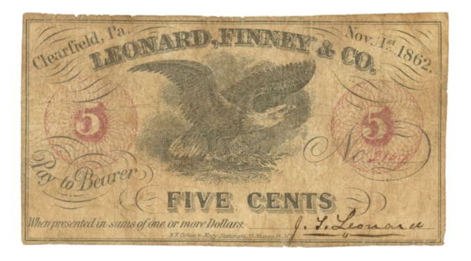 1862 Leonard Finney & Co Clearfield Pennsylvania PA 5c Obsolete Scrip (64903)