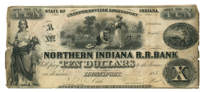 1859 Crawfordsville Logansport & Northern Indiana R.R. Bank $10 Obsolete (64920)