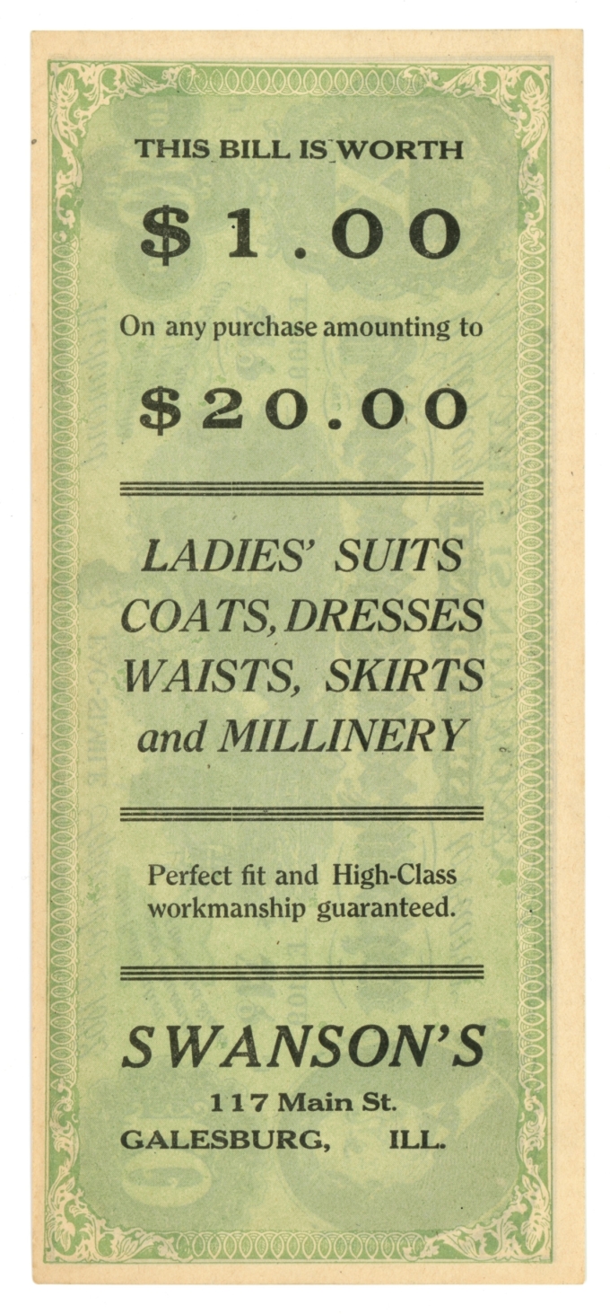 ND Swanson's Ladies Clothing 117 Main St Galesburg Illinois CSA Ad Note (64919)
