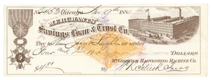 1880 Merchants Savings Loan & Trust Company Chicago IL Check $4.81 (64922OZ)