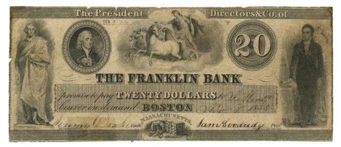 1833 Franklin Bank Boston Massachusetts MA $20 Obsolete Note No.276 (64923)
