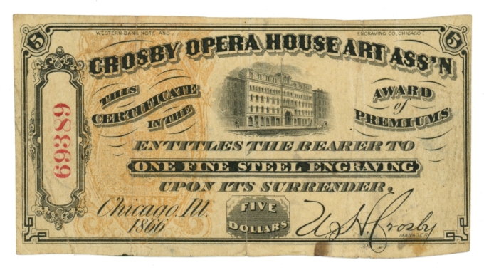 1866 Crosby Opera House Art Association Chicago Illinois IL $5 Note UNL (64925)