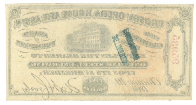 1866 Crosby Opera House Art Association Chicago Illinois IL $5 Note UNL (64926)