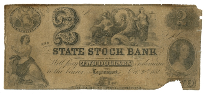 1852 State Stock Bank Logansport Indiana IN $2 Obsolete Note (64928)