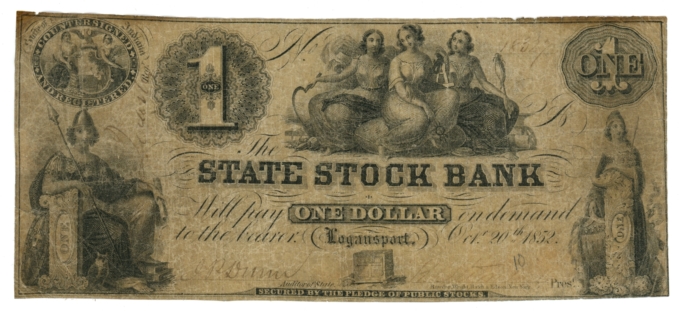 1852 State Stock Bank Logansport Indiana IN $1 Obsolete Note IN370-G2 (64927)