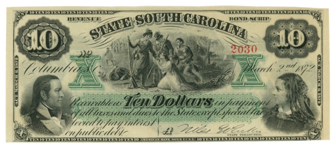 1872 State of South Carolina Columbia SC $10 Obsolete Note CR-6 (64930)