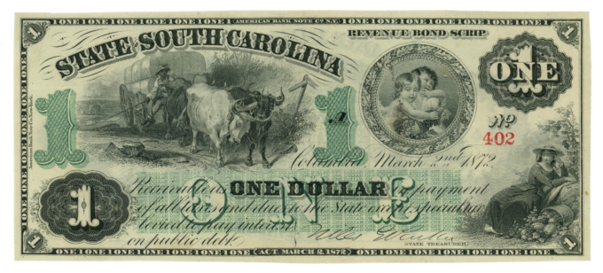 1872 State of South Carolina Columbia SC $1 Obsolete Note CR-3 (64929)