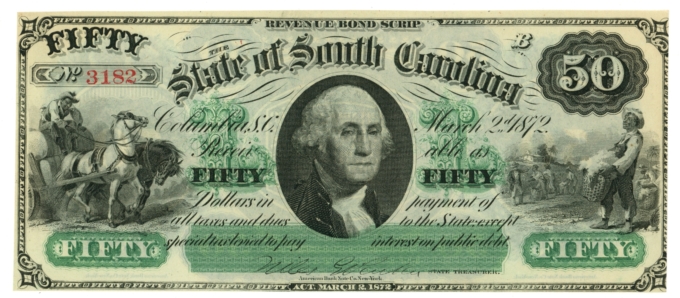 1872 State of South Carolina Columbia SC $50 Obsolete Note CR-8 (64931)