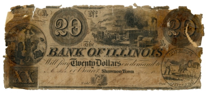 1838 Bank of Illinois Shawnee Town IL $20 Obsolete RARE IL740-G54 (64933)