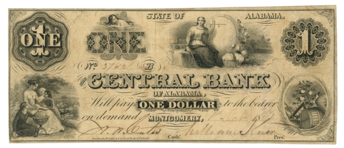 1861 Central Bank of Alabama Montgomery AL $1 Obsolete Note No.3762 (64947)