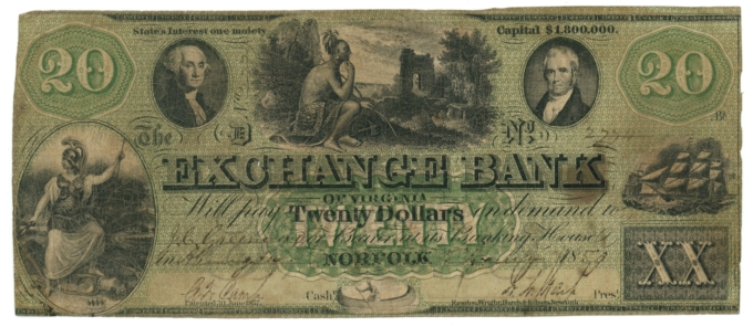 1859 Exchange Bank of Virginia Abingdon VA $20 Obsolete - Green Tint (64957)