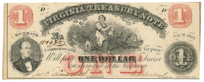 1862 Virginia Treasury Note Richmond VA $1 Obsolete CR-17 Civil War Era (64958)