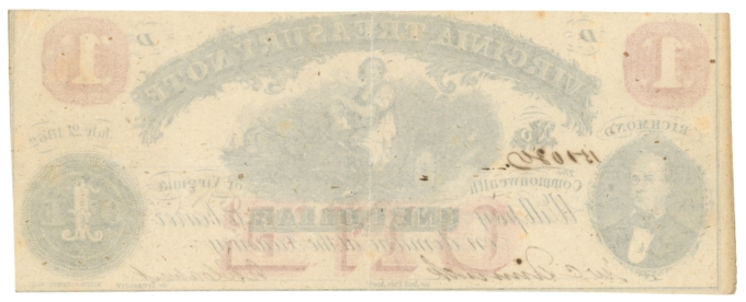 1862 Virginia Treasury Note Richmond VA $1 Obsolete CR-17 Civil War Era (64958)