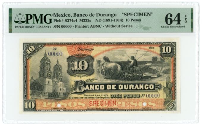 ND Banco de Durango Mexico 10 Pesos Note SPECIMEN PMG 64EPQ TOP POP S-274s4