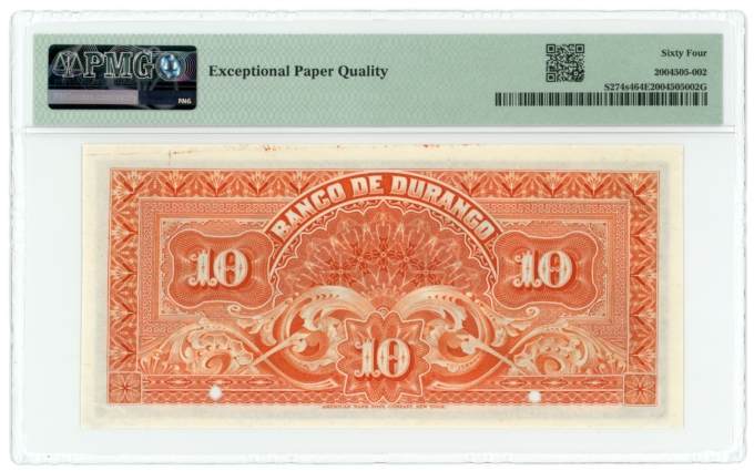 ND Banco de Durango Mexico 10 Pesos Note SPECIMEN PMG 64EPQ TOP POP S-274s4