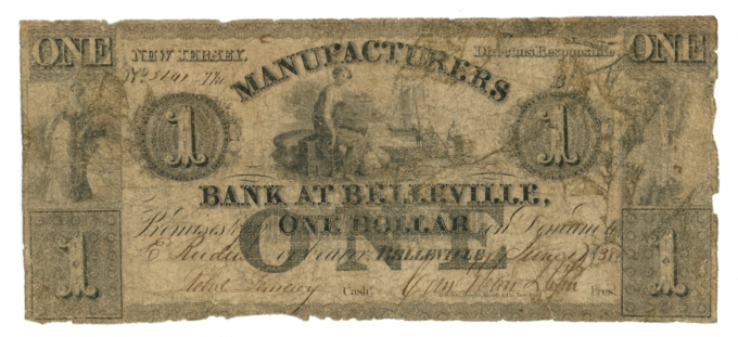 1838 Manufacturers Bank at Belleville New Jersey NJ $1 Obsolete (64993)