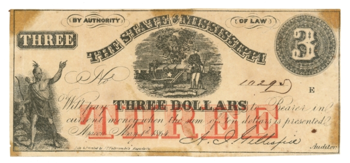 1864 State of Mississippi Macon MS $3 Obsolete - Civil War Era (64992)
