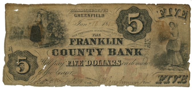 1860 Franklin County Bank Greenfield Massachusetts MA $5 Obsolete (64995)